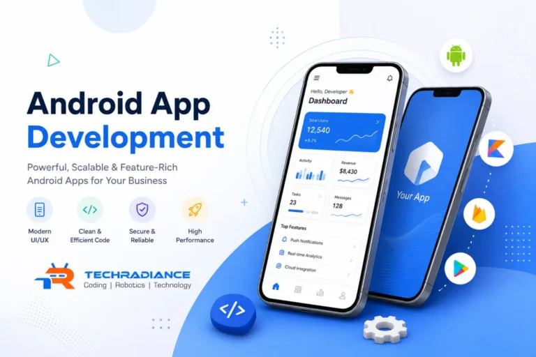 Android App Development course by TechRadiance - app dashboard mockups with Kotlin, Firebase and Play Store icons